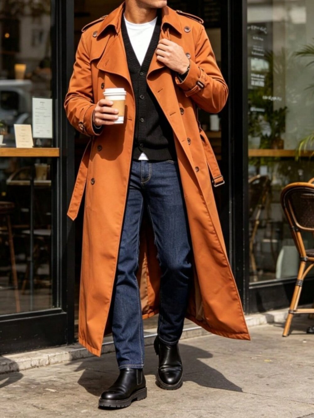 Rusty Rose Casual Men's Double Button Pocket Button Front Long Trench Coat